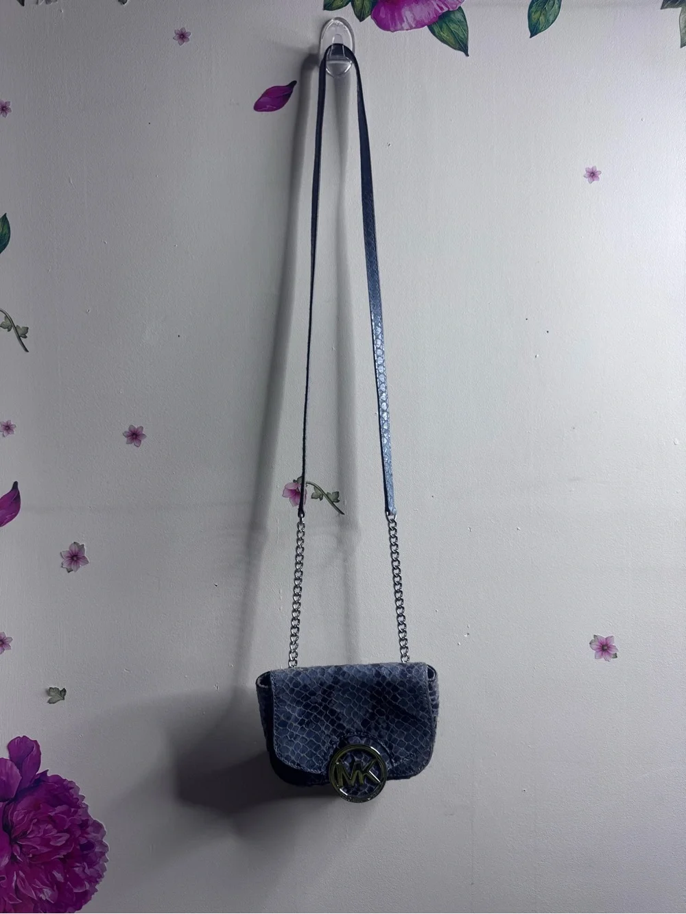 Michael Kors Blue Snake-Embossed Crossbody with Silver MK Medallion